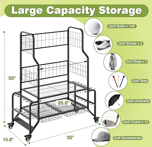 Golf Bag Storage Garage Organizer Golf Bag Stand Fits 2 Bags Extra Clubs Balls Shoes Golf Equipment Accessories Golf Storage Rack for Garage Club Shed