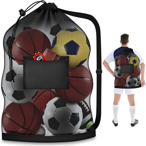 Extra Large Mesh Sports Ball Bag, Drawstring Backpack with Adjustable Strap & Pocket, Heavy Duty Storage Sack for Basketball, Soccer, Volleyball, Football, Gym Equipment, Beach Gear for Coaches