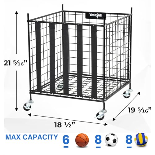 YES4ALL Rolling Ball Cart Storage with Lockable Wheels Volleyball Basketball Holder, Toy Balls Bin, Garage Cage, Storage Racks, Sports Equipment Organizer, Ball Rack for Outdoor Indoor Use