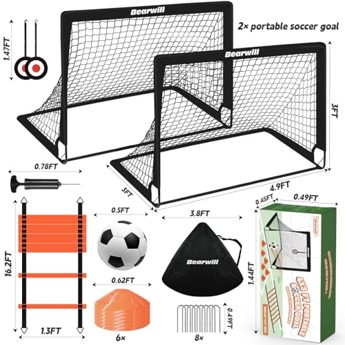 Bearwill Soccer Goal, Kids Soccer Goals for Backyard Set of 2, 4x3ft Portable Soccer Goal Pop Up Soccer Net, Kids Soccer Net Training Equipment with Soccer Ball, Ladder, Cones, Targets - color: Black