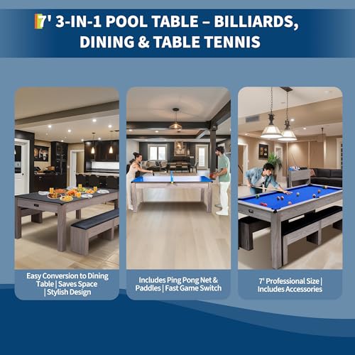 7FT 3-in-1 Pool Table with Dining Top & Table Tennis | Convertible Billiard Table for Home Game Room | Complete Set with Cues, Balls, Ping Pong Paddles, Net & Rolling Storage Caddy | Wood Grain Finish - color: Blue 3 in 1