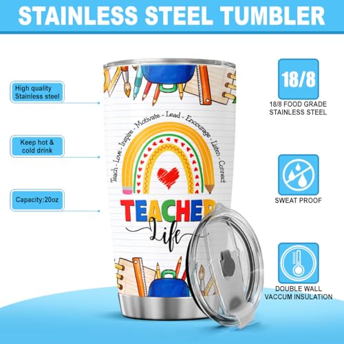 Teacher Life Rainbow Tumbler 20oz, Inspirational Teach Love Inspire Cup, Stainless Steel Thermal Coffee Mug, Appreciation Gift for Women, Back to School, Birthday, Christmas - color: Teacher Life 54