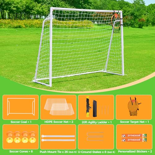Soccer Goal 12x6,10x6.5, 8x6, 6x4FT Soccer Goals for Backyard Metal Soccer Goals for Kids Youth Adults Large Outdoor 2" Steel Soccer Goal Post Frame with Soccer Net Target Net Portable Agility Ladder - style: 8×6 FT