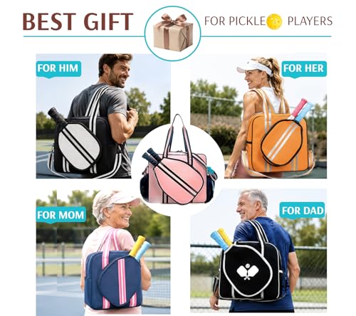 Pickleball Sports Tote Bag with Racket Holder, Neoprene, Adjustable Shoulder Strap - color: Pink