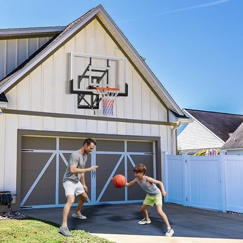 54 Inch Wall Mounted Basketball Backboard, Adjustable-Height Backboard and Rim Combo, Outdoor Wall Mount Basketball Hoop Fit Most Slanting Roofs