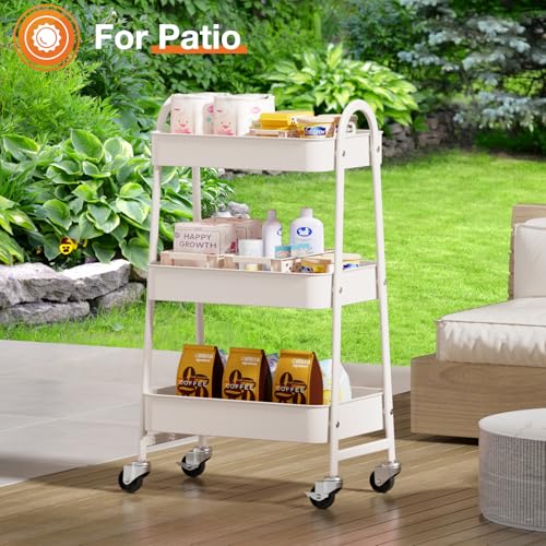 NEWBULIG 3-Tier Rolling Storage Cart, Metal Mobile Utility Organizer Shelf with Lockable Wheels, Space-Saving Freestanding Storage for Bathroom Living Room and Narrow Corner Spaces, White