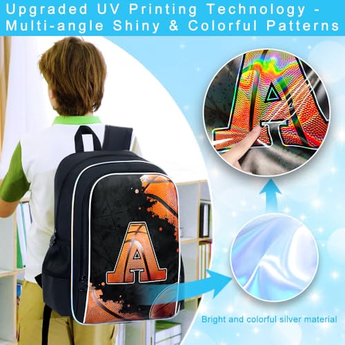 3PCS Basketball Backpack for Boys, 17" Kids Bookbag Water Resistant and Lightweight with Lunch Box for Teen