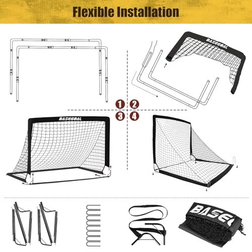 BaseGoal Soccer Goals for Backyard Set of 2, 4x3ft Kids Soccer Goal Portable Pop Up Soccer Net for Kids & Youth, Outdoor Soccer Training Equipment with Soccer Cones, Targets & Accessories