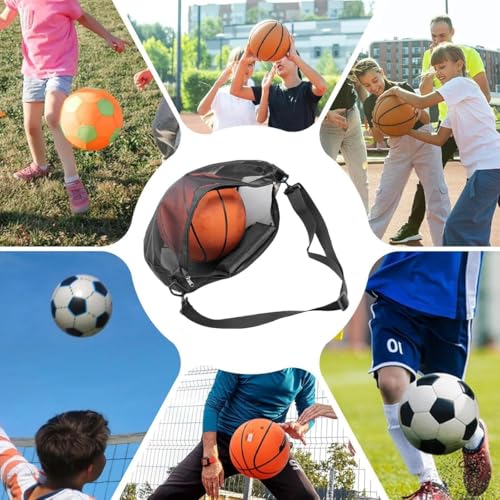 Mesh Sports Ball Bag, Large Capacity Football Basketball Shoulder Duffel, Multi Purpose Soccer Training Storage Organizer - color: Black