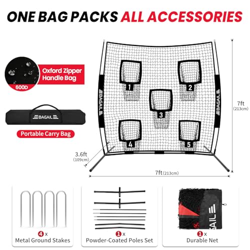 BAGAIL Football Throwing Net - 5 or 9 Target Pockets, Easy Setup, Heavy-Duty - Portable QB Accuracy Trainer, Fun Target Practice Net for Football with Carry Bag - color: Black, style: 7'x 7' - 5 Pockets