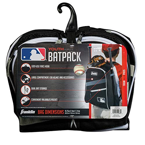 Franklin Sports Kids MLB Baseball Batpack Bag - Youth Baseball, Softball + Teeball Backpack - Sports Equipment Bag for Kids + Toddlers - Holds (2) Teeball + Baseball Bats + Includes Fence Hook - color: Black/Gray/White