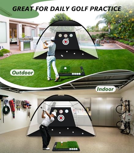 Golf Net: 10x7ft Golf Hitting Practice Net for Indoor & Outdoor Use with Heavy-Duty Base Dual-Turf Mat, Chipping Swing Training Mult-Target Nets for Backyard Driving, Gifts for Men Dad Husband Golfers