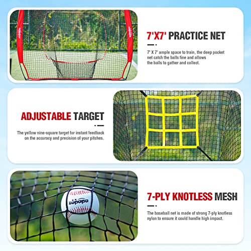 Zupapa Baseball Softball Practice Combo - 7 X 7 Feet Net Tee Caddy 12 Pack Baseballs Set, Upgraded Vivid Strike Zone, Baseball Backstop Practice Net for Hitting Pitching Batting Catching - color: Red