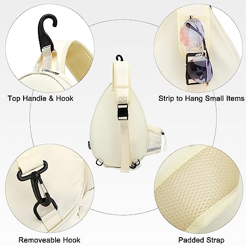 Rejolly Tennis Racket Sling Bag for Women Men Quilted Water Resistant Racquet Cover One Shoulder Crossbody Bag for 2 Tennis Rackets, Pickleball Paddles, Badminton Racquet - color: New Cream White