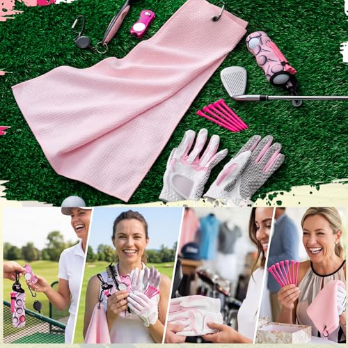 14 Pcs Pink Golf Accessories Set for Women, Golf Glove (fits 6.5 to 6.7" Hand, M/L), Microfiber Towel, Ball Bag with Clip, Tees, Magnetic Ball Marker, Divot Tool & Club Cleaning Brush