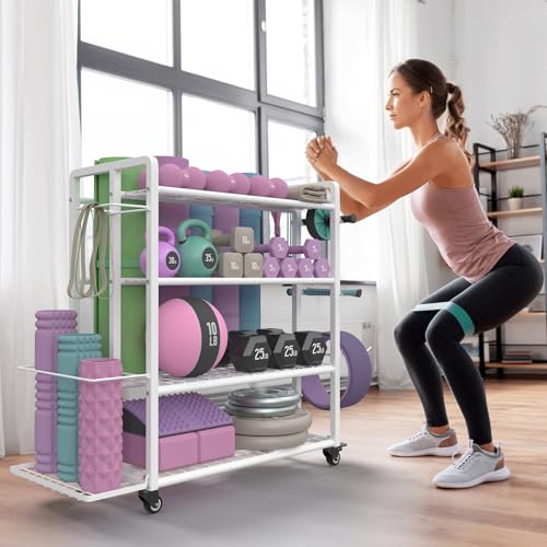 4-Tier Dumbbell Rack Stand Only, Adjustable Weight Rack for Dumbbells Kettlebells Yoga Mat, Home Gym Storage Rack with Wheels and Hooks, Powder Coated Finish