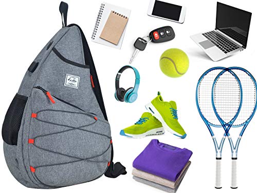 Tennis Bag for Men Women, Racquetball Pickleball Paddle Squash Sling Bags Crossbody Sports Backpack Adult with USB Charge Port - color: Gray