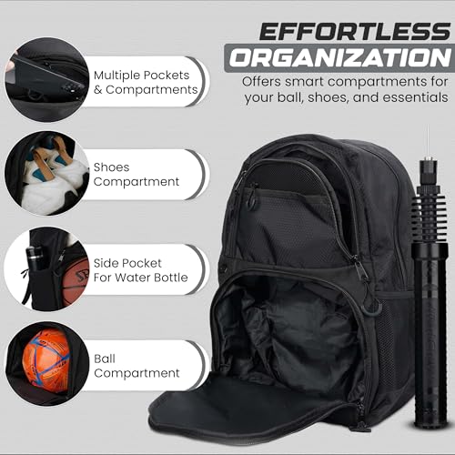 Soccer & Basketball Sports Bag with Ball Pump - Basketball Backpack with Separate Ball & Shoes Holder Compartment, Soccer Basketball Football & Volleyball Bag with Large Capacity - color: Carbon Black, style: With Ball Pump