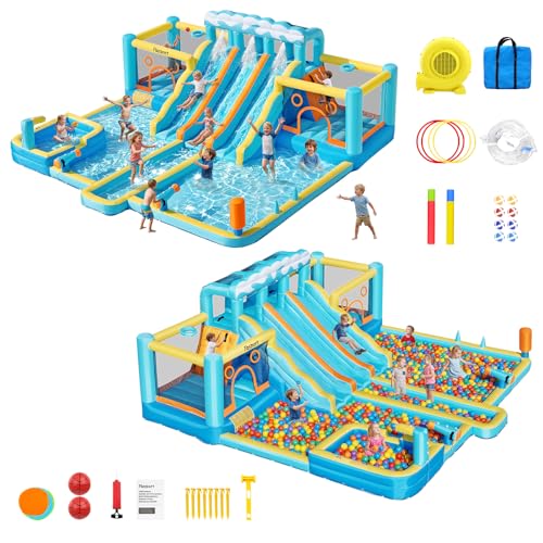 FBSPORT Inflatable Bounce House Water Slide, 3 Slides & 2 Bouncers 10-in-1 Water Slide Park Bounce House with 950W Blower, Bouncy Castle for Kids Backyard Party Outdoor, with Water Gun, Splash Pool