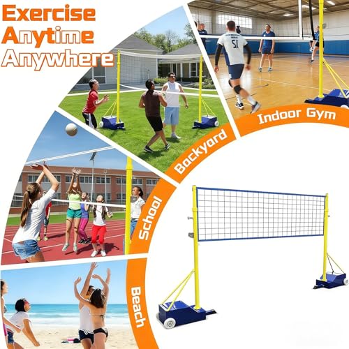 Volleyball/Badminton Posts with Net, Badminton Net Frame with Wheels and Stable Base, Sturdy Base for Indoor/Outdoor Use, Adults, Children