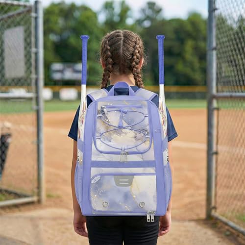 Youth Baseball Bag - Softball Bag for Girls & Boys with Shoes Compartment, Bat Backpack for Baseball, T-Ball & Softball Equipment - color: Marbled-Gray Purple