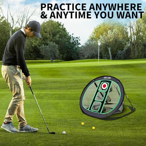 Golf Chipping Net and Mat Set - Pop Up Foldable Indoor Training Target with 2 Hitting Mats and 12 Practice Balls - Gifts for Men, Golfers, Teenage Boys