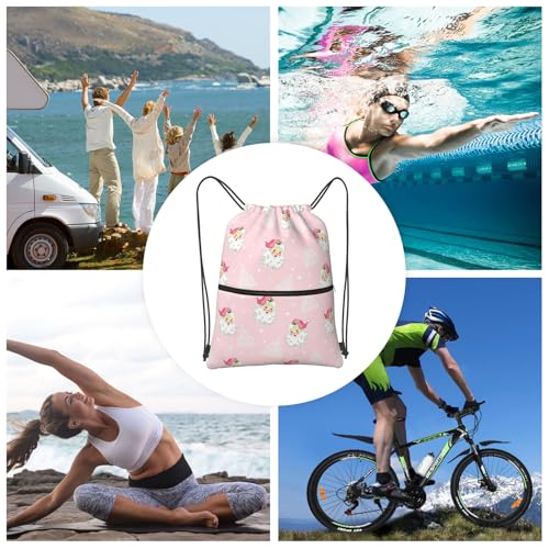 Christmas Tree Santa Claus Drawstring Bag, Waterproof Snowflake Drawstring Bckpack for Gym Sports Xmas Party Gift, Women Durable Pink Sackpack Bag with Front Zipper Pocket and Inside Zipper Pocket - color: Christmas Santa Claus Pink