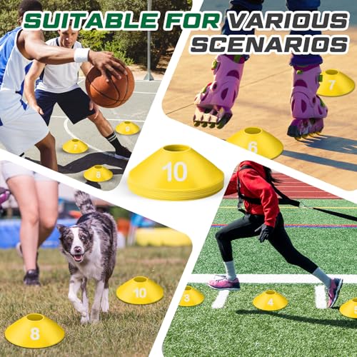10 Pcs Numbered Sports Disc Cones 1-10 Soccer Cones with Mesh Carry Bag Flexible Agility Cones Soft Field Cones for Gym PE Classes School Activities Games, Sports Training Equipment - color: Yellow