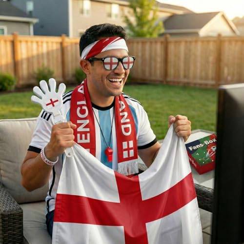 Soccer Fan Gear Set 2026-7 Piece Game Day Kit with Flag, Scarf, Glasses, Whistle, Clapper, Wristband & Headband in Gift Box - Watch Party & Stadium Essentials for England - color: England