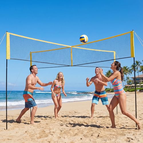 GarveeLife 4 Square Volleyball Game Set for Adults and Kids with Volleyball Net, Portable Cross Net with Carry Bag for Beach Lawn, Ideal for Family Fun Outdoor Games, Quick Assemble