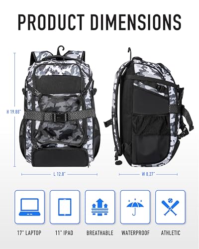 Large Baseball Backpack for Adult Youth 42L Softball Bat Bag with Detachable Adjustable Helmet Mesh Pocket Fit Basketball Soccer Volleyball Baseball Equipment Bag for Men Women 12+ Boys Girls - color: Black White Camouflage