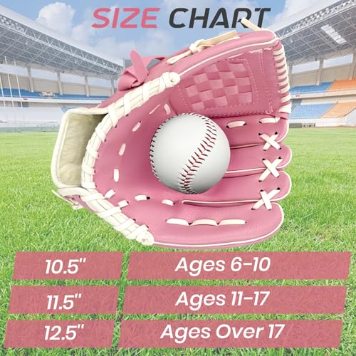 Baseball Glove + Ball Sets, Softball Glove, Baseball Mitt, 10.5''-12.5'' for Youth/Adult Training and Beginner Play, Synthetic Leather Softball Mitt - color: PinK, size: 10.5"