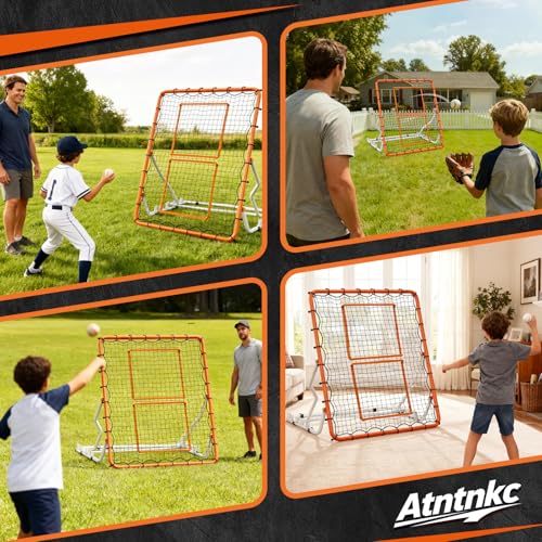 Baseball Rebounder Net 4x4.5FT with 5 Adjustable Angles,Pro Pitch Back Trainer for Volleyball/Softball/Soccer, Solo Practice for Ground, Line Drive & Fly Balls, Durable UV Resistant Net & Ste