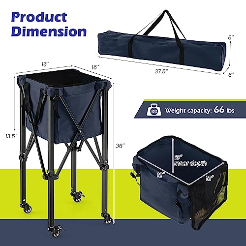 GYMAX Tennis Ball Hopper, Folding 150 Tennis Ball Holder Cart with Carry Bag, Easy Assembly Frame, Removable Bag & 4 Universal Wheels, Portable Durable Tennis Ball Basket for Ball Pickup - color: Navy Blue