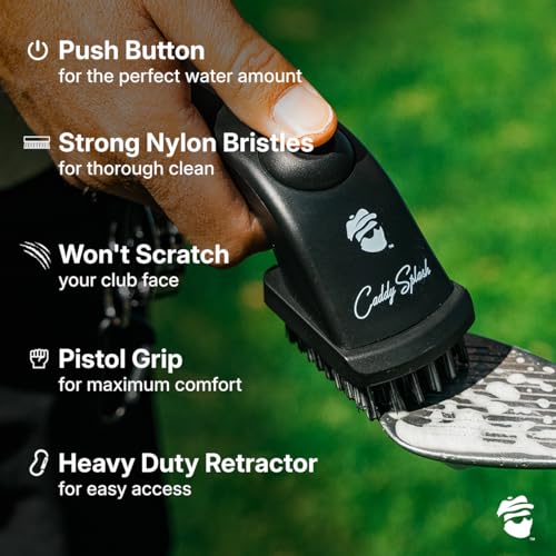 Caddy Splash Golf Club Brush Pro with Water- Heavy Duty Retractable Clip- Push Button for Easy Cleaning- Nylon Bristles- Holds 4 Oz- Golf Accessories for Men- Best Golf Gift - USA Company (Black)