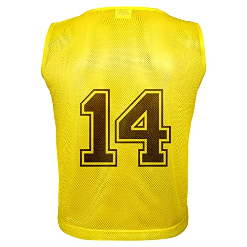 Athllete 12 pcs Duramesh Pinnies/Scrimmage Vest - Kids Youth and Adult Pinnies, Numbered Penny Jerseys for Soccer - color: Golden Yellow Numbered Front/Back (13-24), size: Medium