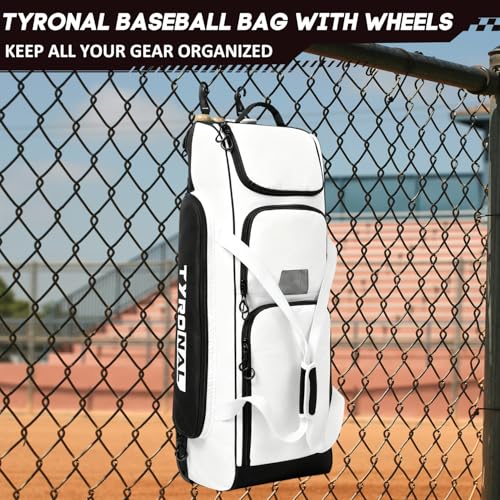 Baseball Bag with Wheels for 4 Bats,Soft Rolling Baseball Bag With Multi-Pockets, Fence Hook, Holds All Baseball Equipment. - color: White/Blk