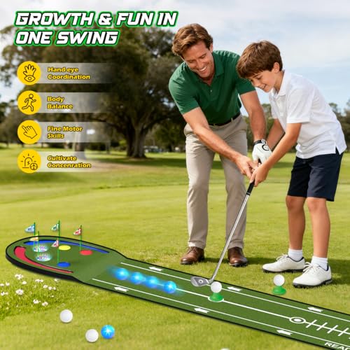 TERRAMUS Upgraded Golf Putting Mat for Kids, 7.8 Ft Putting Green with LED Light up Holes, Glowing Balls, 2 Clubs, Toy Golf Game Set, Golfing Mats Indoor Outdoor, Sport Golf Gift for Kids Teens Family