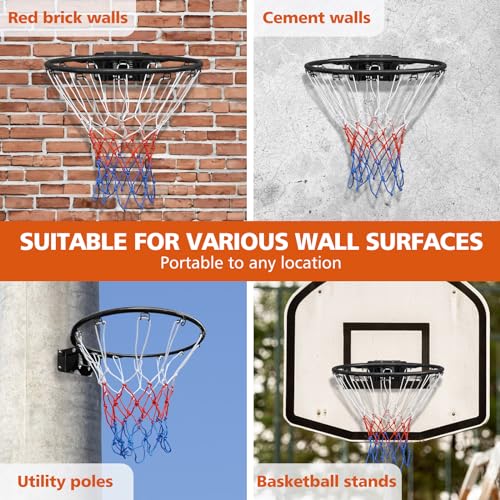 18" Basketball Rim Replacement, Wall Door Mounted Basketball Rim, Double Spring Solid Basketball Rim Replacement with Net Fits In-Ground & Wall-Mounted Basketball Hoops, Indoor/Outdoor - color: Black