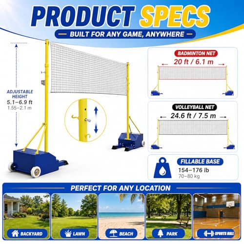 Backyard Volleyball Badminton Net Set, Portable Adjustable Net System with Built-in Wheels, Steel Poles & Fillable Base for Beach Lawn Park Games