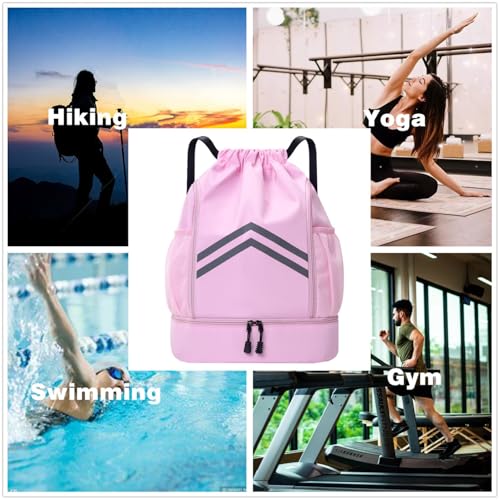 Sports Drawstring Backpack - Water Resistant Gym Bag with Shoes Compartment and Water Bottle Holder Pockets -Drawstring Bag String Cinch Bag for Gym, Travel, Swimming, Beach, Men Women (Pink) - color: Pink