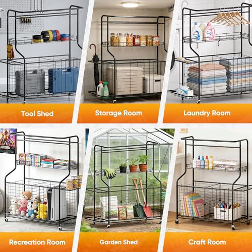 Sports Equipment Organizer -Heavy Duty Rolling Garage Storage Rack & Ball Holder, Large Capacity Cart for Outdoor Toy Storage & Garage Storage