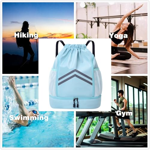 Drawstring Backpack - Water Resistant Gym Drawstring Bags with Shoes Compartment and Water Bottle Holder Pockets - String Cinch Bag - Draw String Back Pack for Men and Women (Light Blue) - color: Light Blue