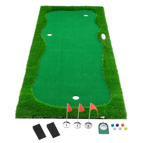 Premium Golf Putting Green Mat for Indoor & Outdoor, 3 Holes with Flags, Realistic Turf & Non-Slip Base, Practice Putting Mat with 6 Balls & Slope Pads - size: 11'10" x 4'11" (L x W)