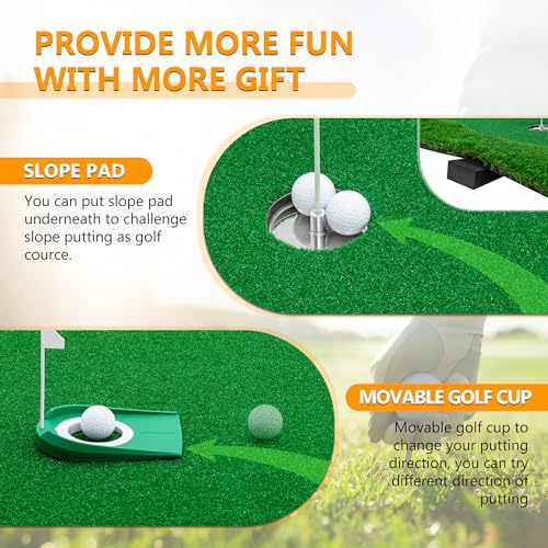 Premium Golf Putting Green Mat for Indoor & Outdoor, 3 Holes with Flags, Realistic Turf & Non-Slip Base, Practice Putting Mat with 6 Balls & Slope Pads - size: 9'10" x 4'11" (L x W)