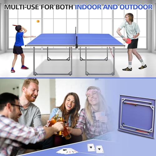 Foldable Ping Pong Table Portable 4.5FT/6FT/9FT Indoor MDF Table Tennis Table Multi-Purpose Family Game Table with Net, 2 Paddles and 3 Balls for Kid Teenager Adult - color: 6FT Blue White