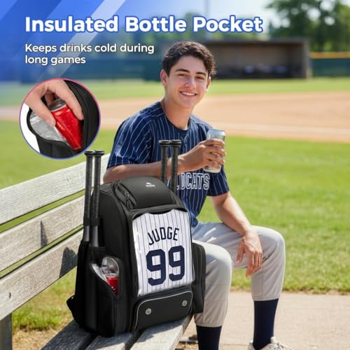MATEIN PRO Youth Baseball Backpack for 4 Bats with Collapsible Shoes Compartment, Water-Resistant Large Boys Baseball Bat Bag with Clear Display Pocket & Insulated Beverage Pocket Holds Glove, Helmet - color: Black