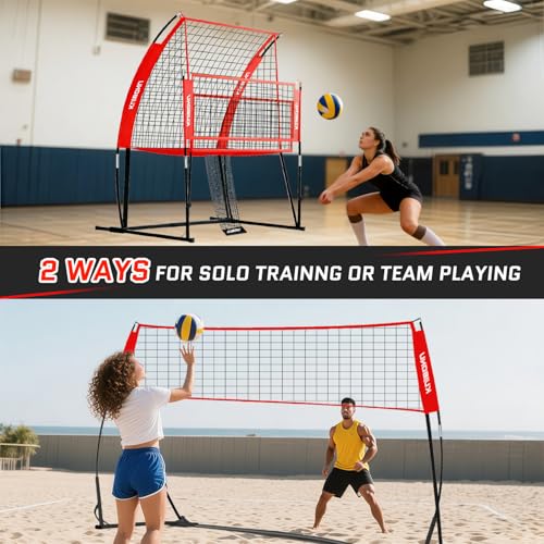 Volleyball Training Net System, Volleyball Training Equipment with Freely Height-Adjustable for Backyard, Volleyball Practice Net for Serving Setting Spiking, Includes Ball Kit and Carry Bag - color: Red