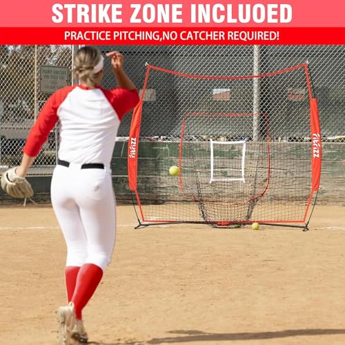 7x7 ft Baseball Net for Batting Pitching Hitting, Softball Pitching Net with Strike Zone, Tee, Ball Caddy, Softball Batting Net Baseball Training Equipment for Kids Adult Youth Sport Practice
