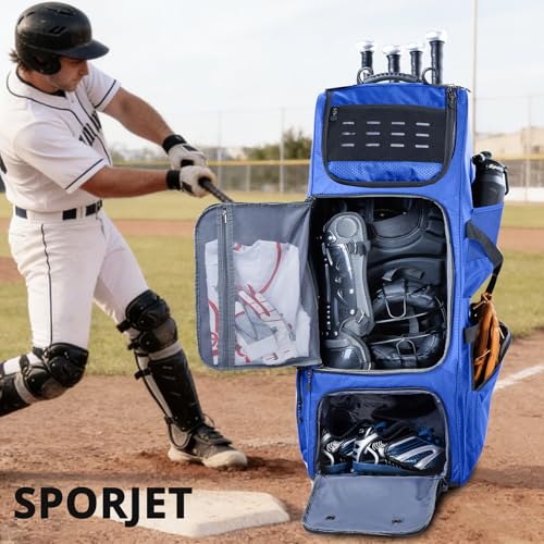 Large Rolling Baseball Catchers Gear Bag with Wheels, Softball Bag with Hard Backing for 4 Bats,Equipment Bag with Separate Shoe & Helmet Compartments, Youth Baseball Bag with 360° Spinner Wheels - color: Blue, size: Style B - Heavy-Duty Rolling Base